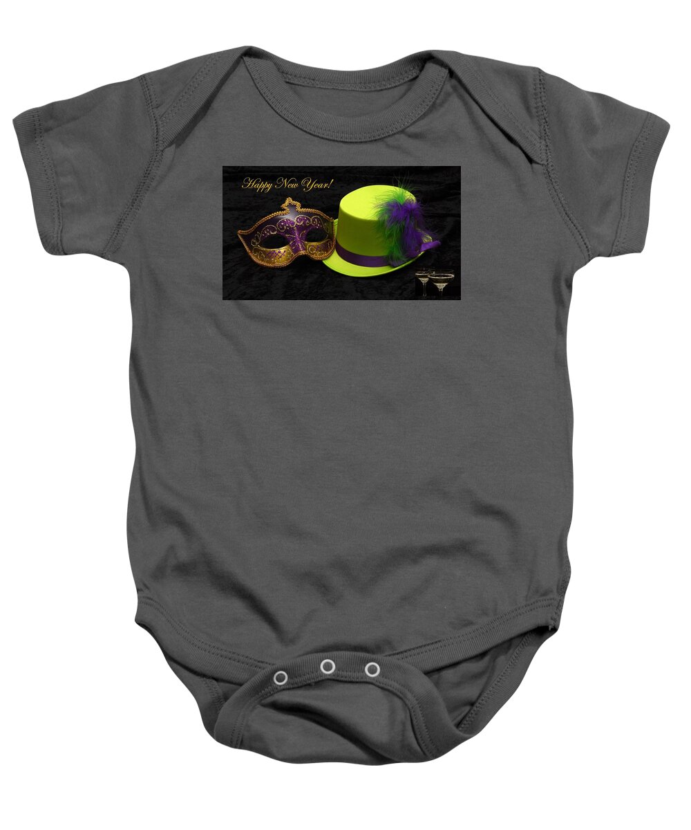 Happy Baby Onesie featuring the photograph Happy New Year Hat and Mask by Nancy Ayanna Wyatt