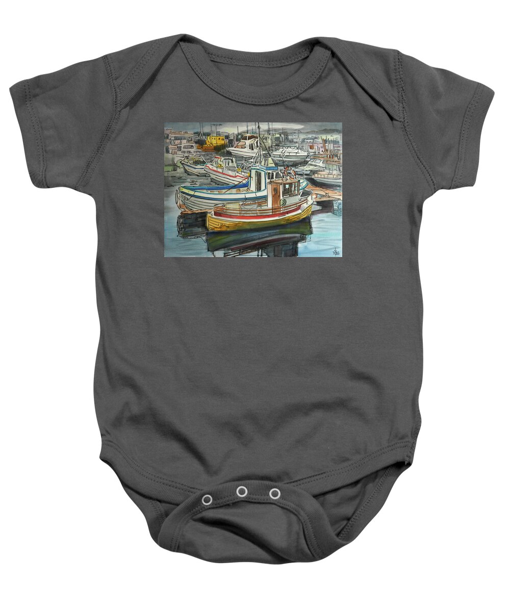 Harbor Baby Onesie featuring the painting Harbor at Husvik by David Bader