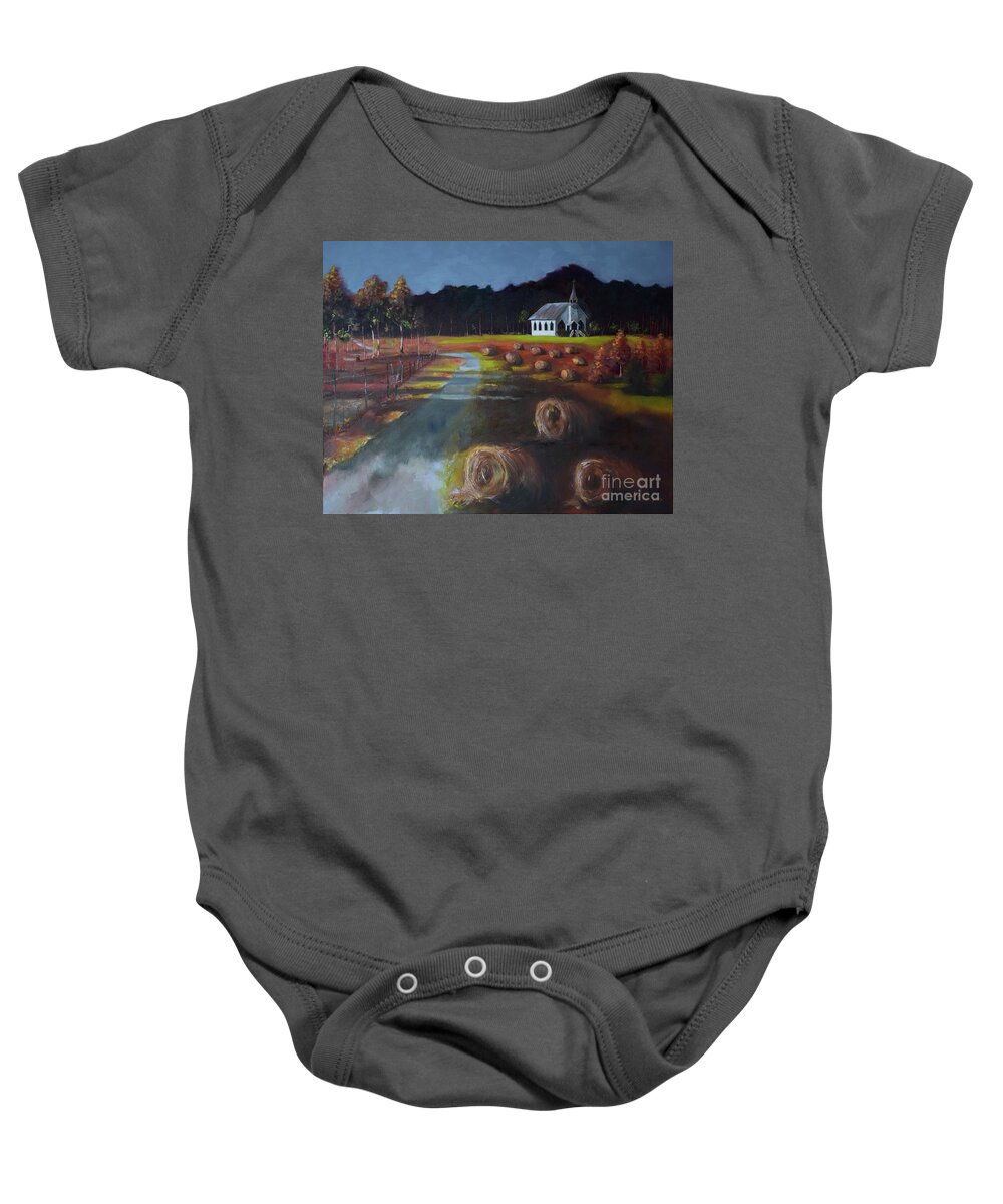 Baby Onesie featuring the painting Harvest Time at Church - Hay Bales - Church by Jan Dappen