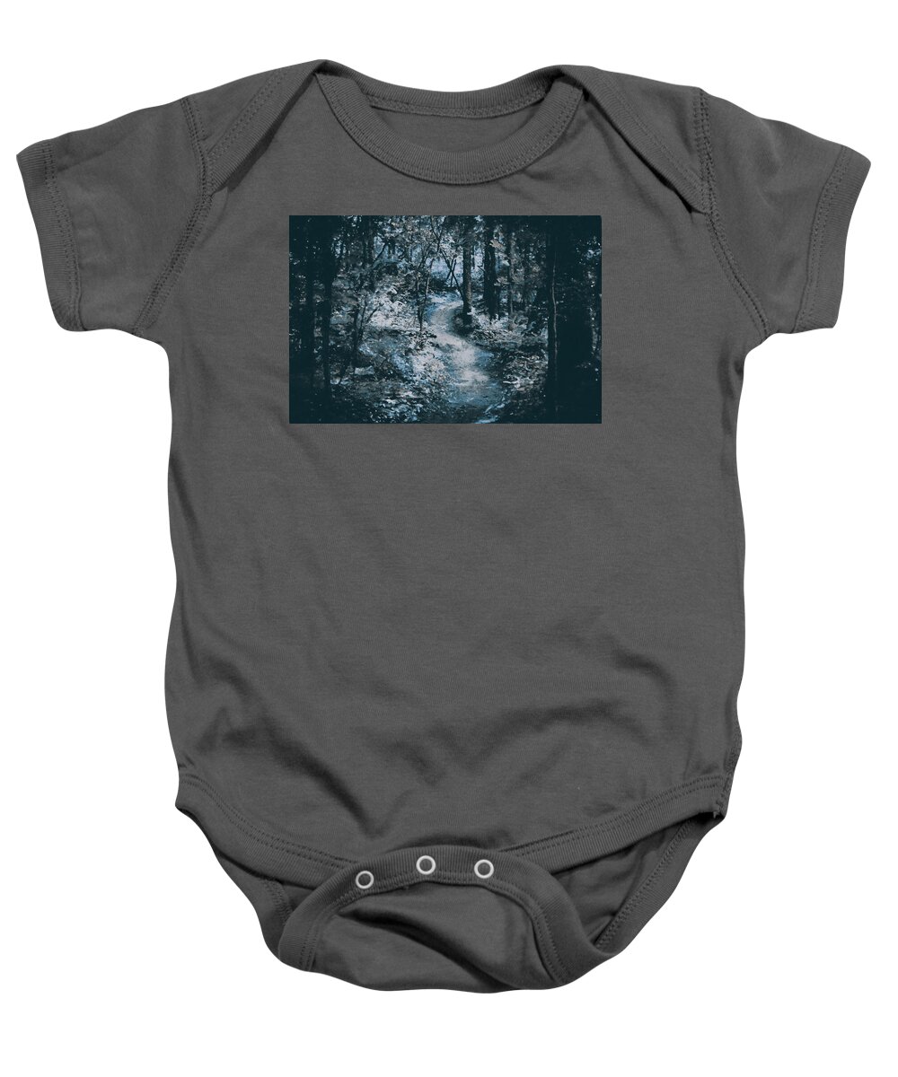 Dark Baby Onesie featuring the painting Haunted forest - 02 by AM FineArtPrints