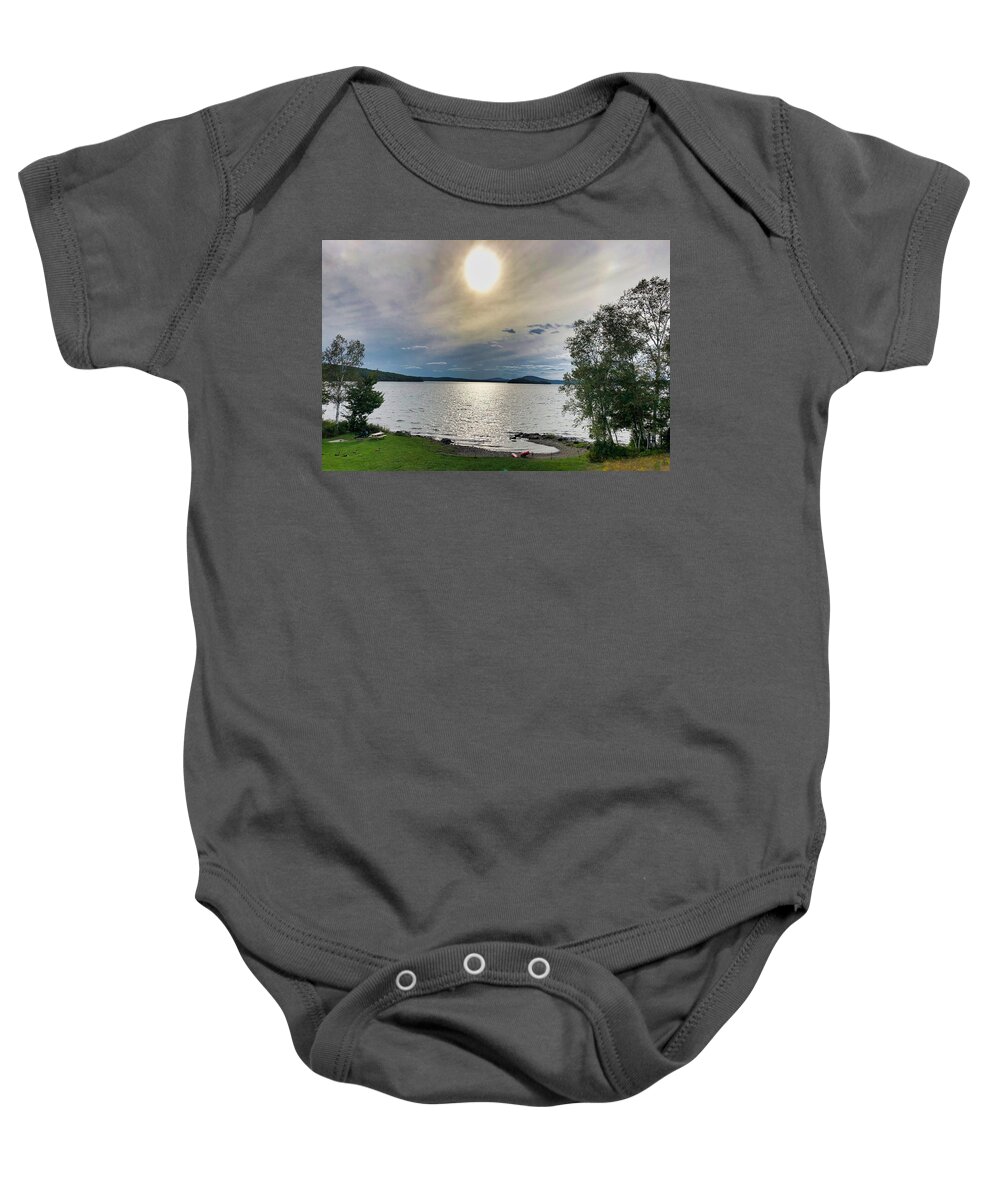 Lake Baby Onesie featuring the photograph HazySun at Lake by Russel Considine