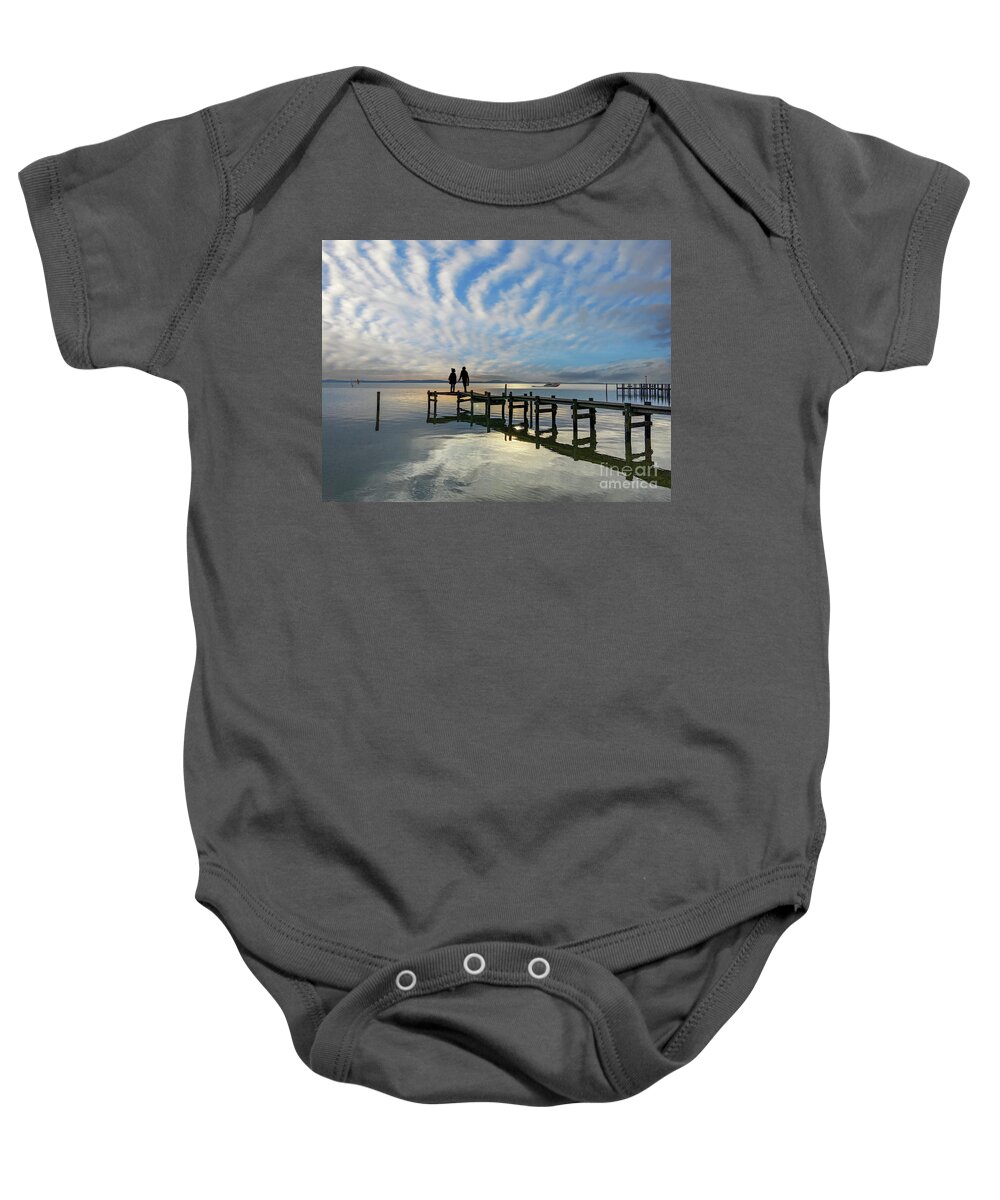 Heavenly Perception And Earthly. Wooden Pier Over Water A Surrealistic Adventure Baby Onesie featuring the photograph Heavenly Perception by David Zanzinger