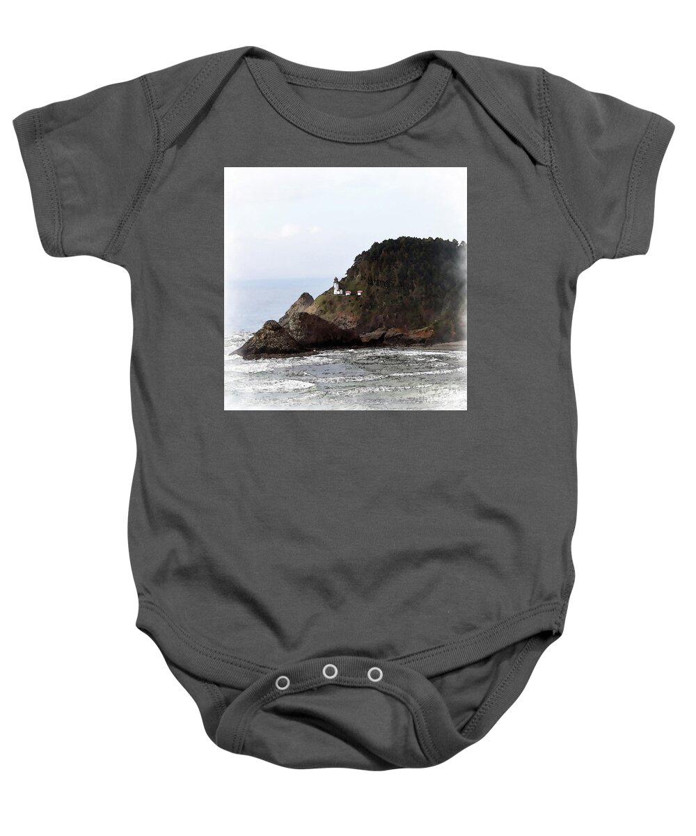 Heceda-head Baby Onesie featuring the digital art Heceda Head Lighthouse Sketched by Kirt Tisdale