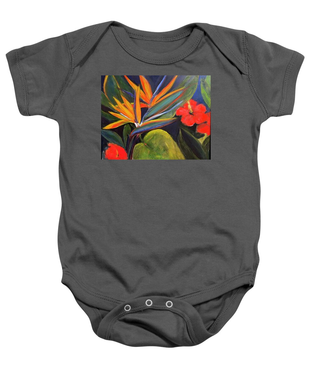 Bird Of Paradise Baby Onesie featuring the painting Hibiscus and Bird of Paradise by Denice Palanuk Wilson