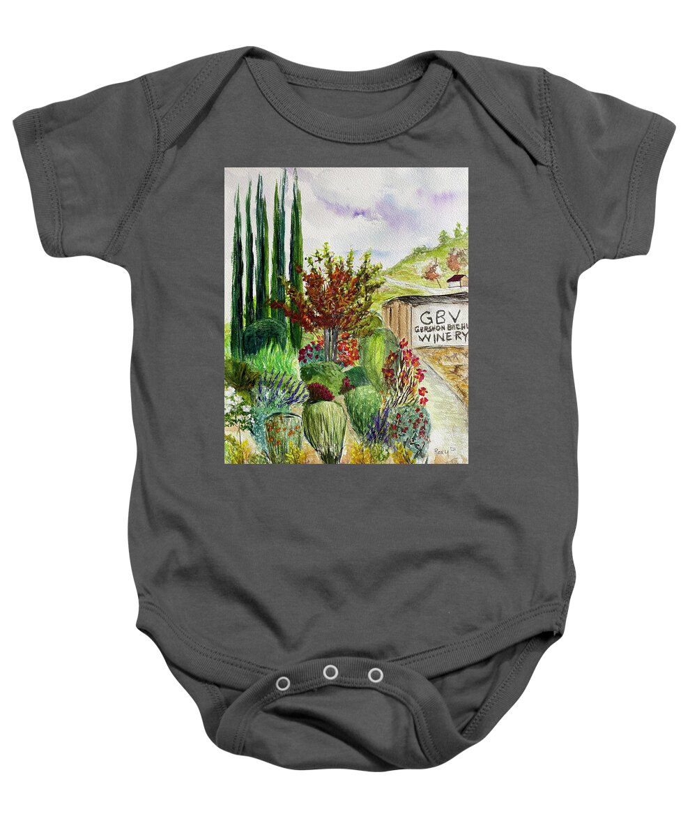 Gershon Bachus Vintners Baby Onesie featuring the painting Hill to the Barrel Room at GBV by Roxy Rich