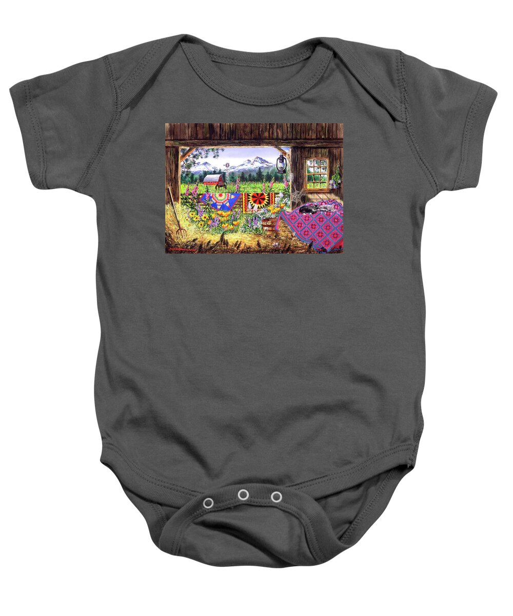Barn Baby Onesie featuring the painting Hole in the Barn Door by Diane Phalen