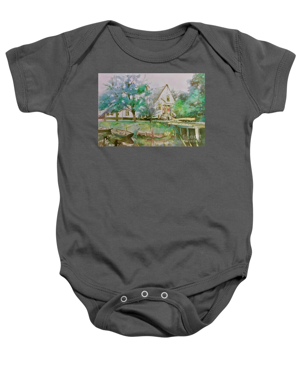 #holland #canal #tranquil #hollandtranquilcanal #watercolor #watercolorpainting #countryhouse #boats #trees #trees #glenneff $thesoundpoetsmusic #picturerockstudio #onlocationpainting Baby Onesie featuring the painting Holland Tranquil Canal by Glen Neff