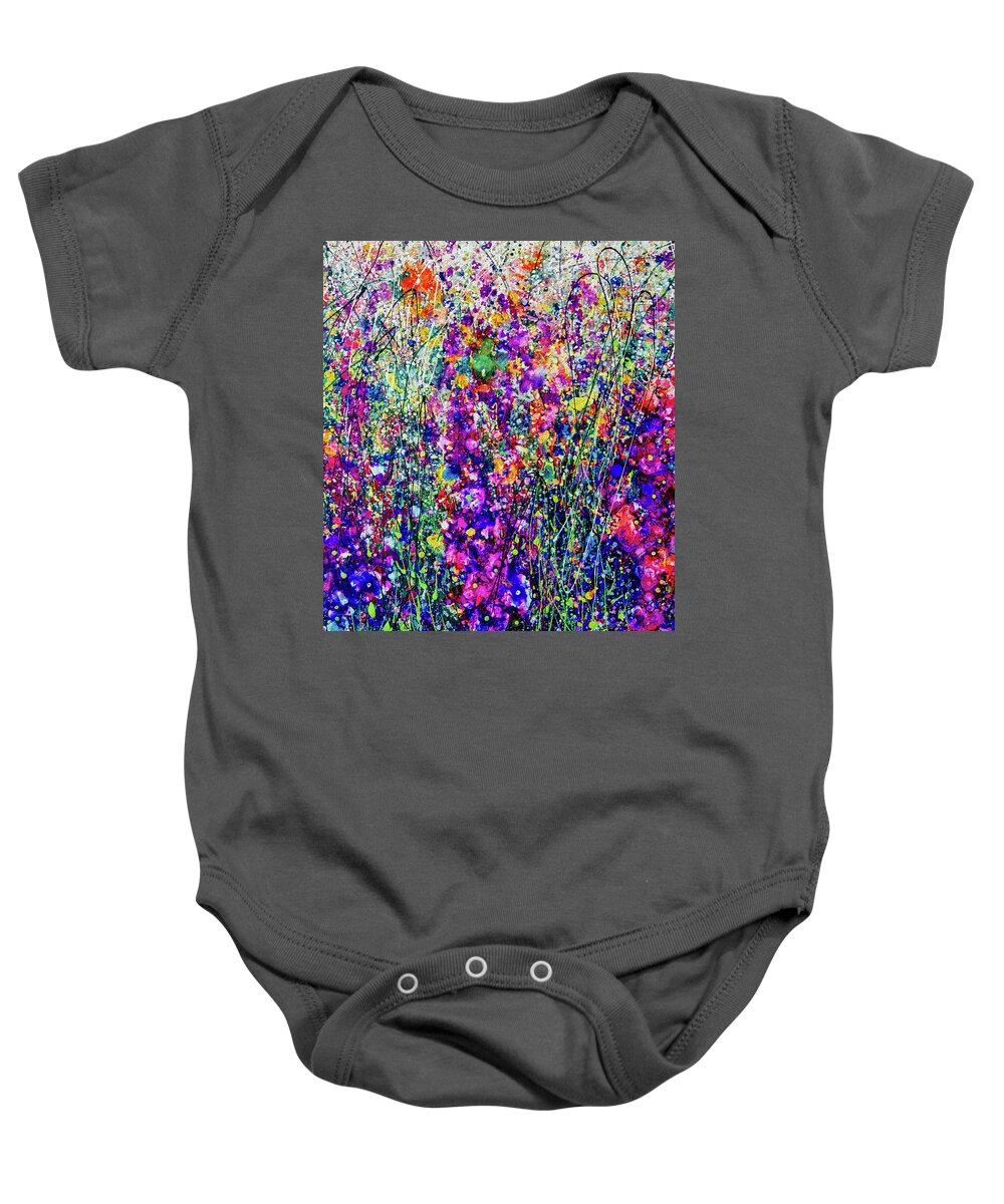 Flower Baby Onesie featuring the painting Hollyhocks Abstract Acrylic with Drip Technique by Lena Owens - OLena Art Vibrant Palette Knife and Graphic Design