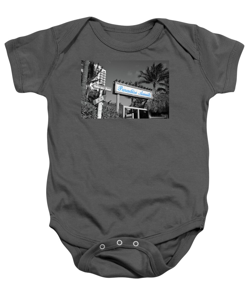 Hollywood Beach Baby Onesie featuring the digital art Hollywood Beach Paradise Awaits Sign Fort Lauderdale Florida Baby Blue Color Splash by Shawn O'Brien