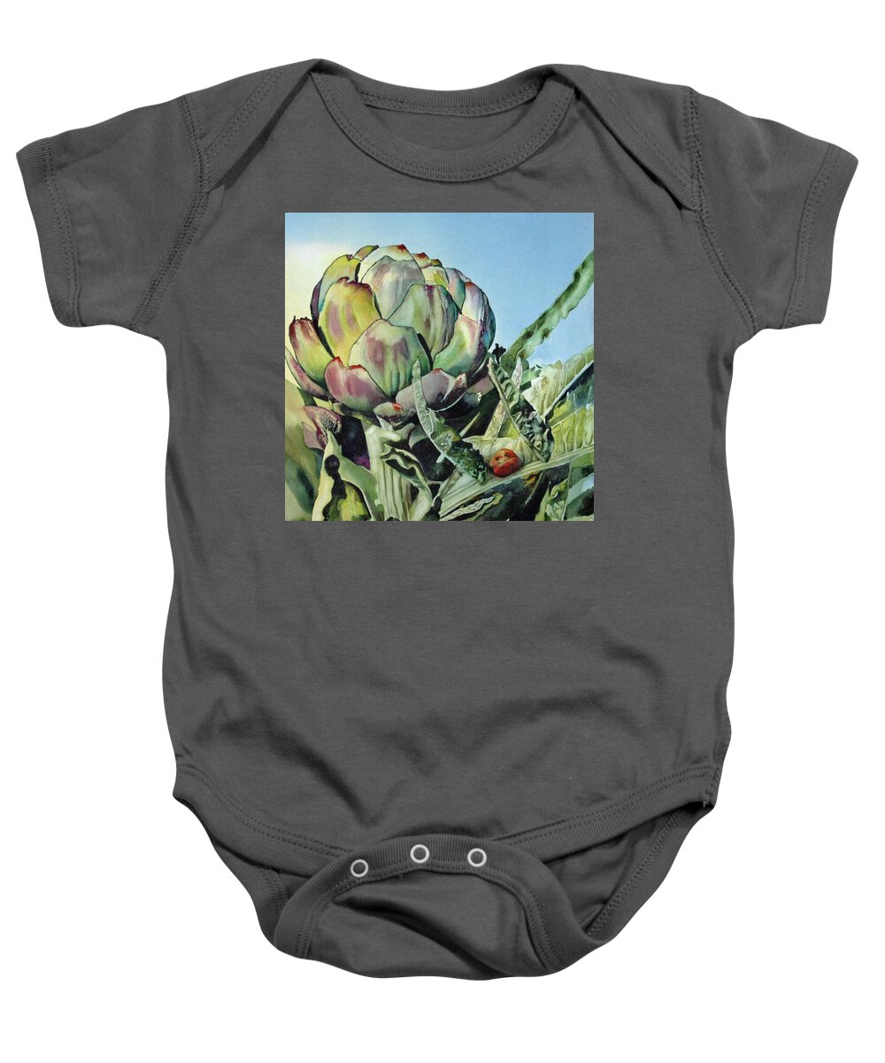 Artichoke Baby Onesie featuring the painting Holy Chokes by Diane Fujimoto