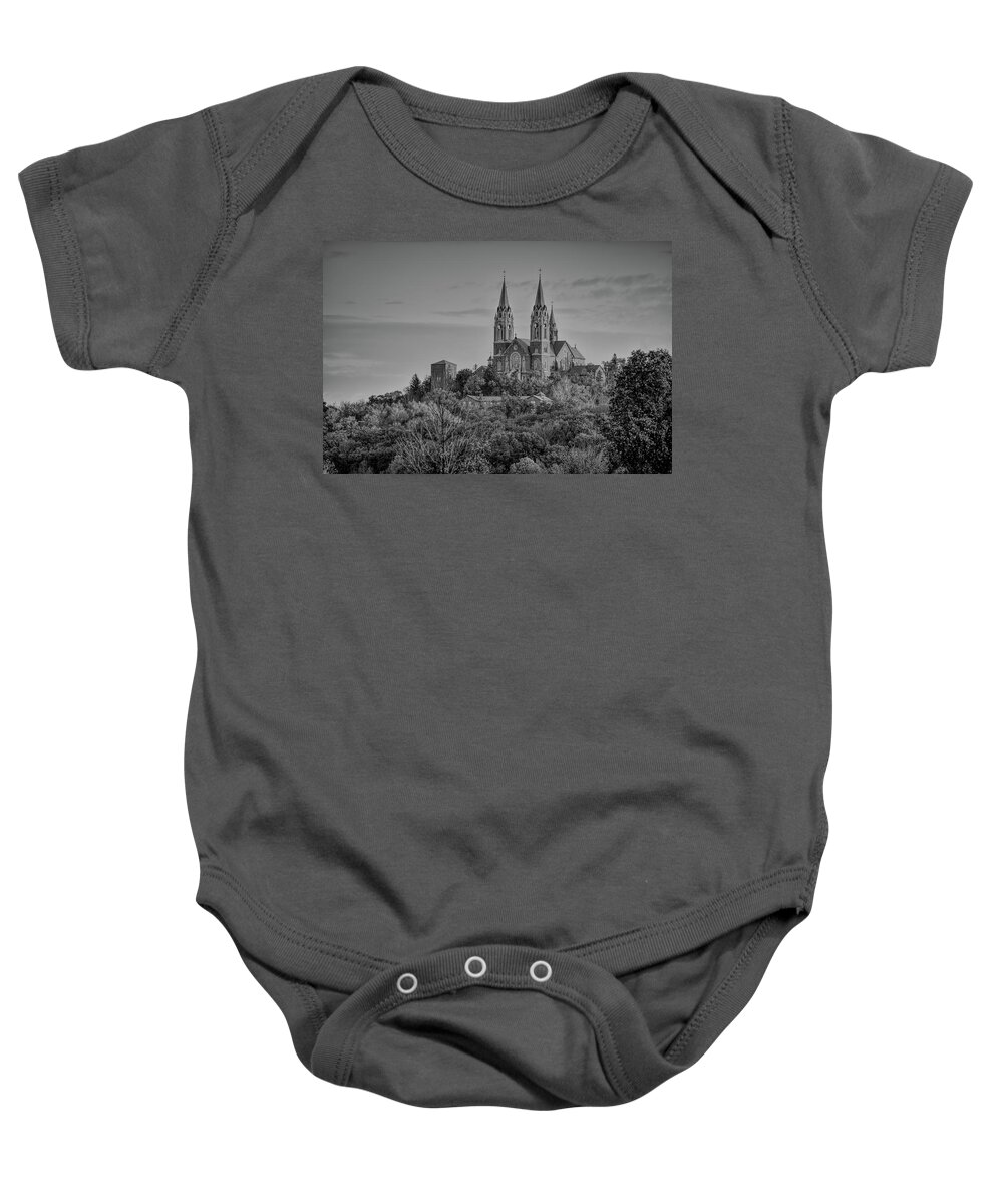 Black And White Baby Onesie featuring the photograph Holy Hill Sunrise BW by Dale Kauzlaric
