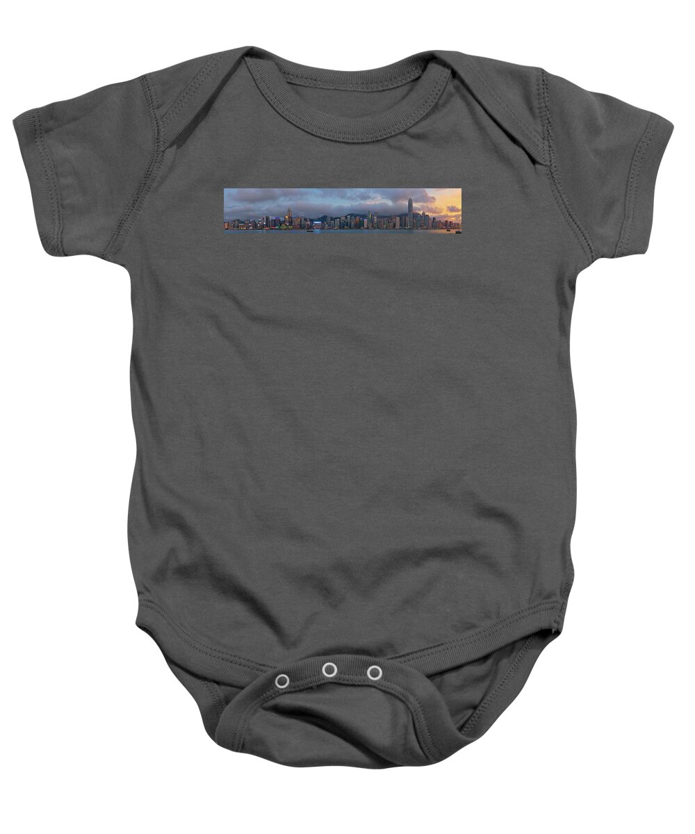 Hong Baby Onesie featuring the photograph Hong Kong Harbour Sunset Panorama by Sean Hannon