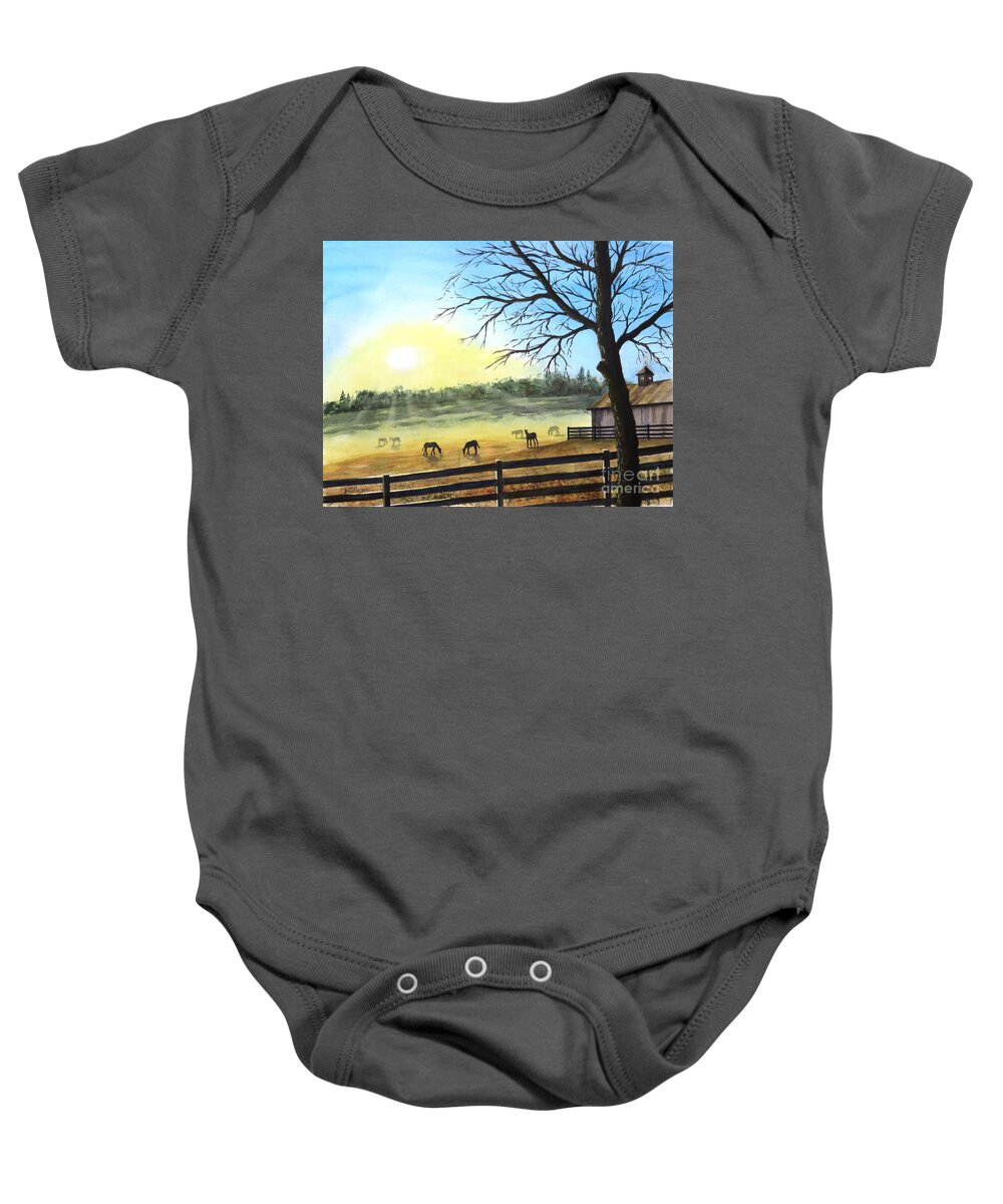 Horses Baby Onesie featuring the painting Horses at Sunrise by Joseph Burger