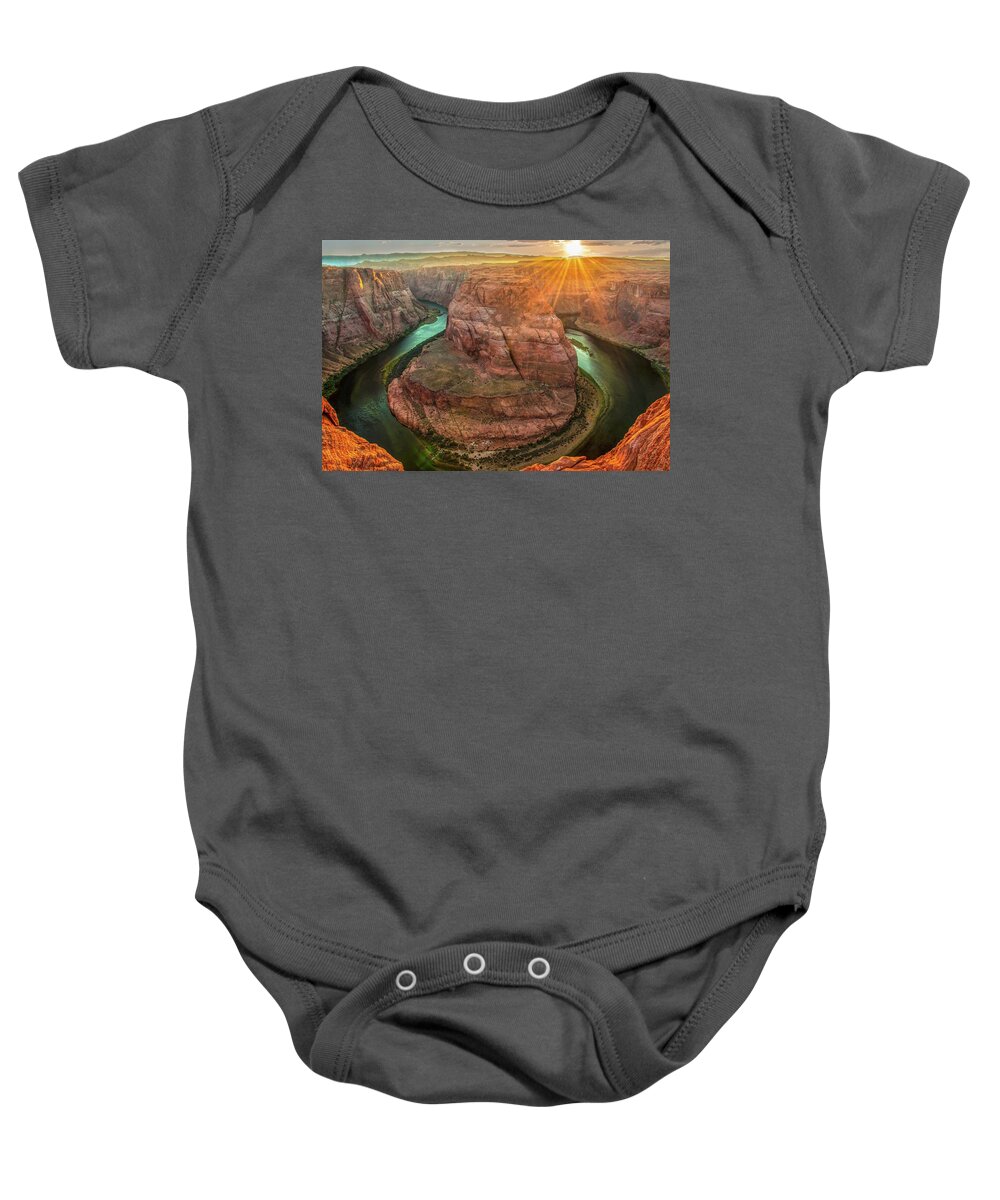 Sunrise Baby Onesie featuring the photograph Horseshoe Bend at Sunrise by Rob Hemphill