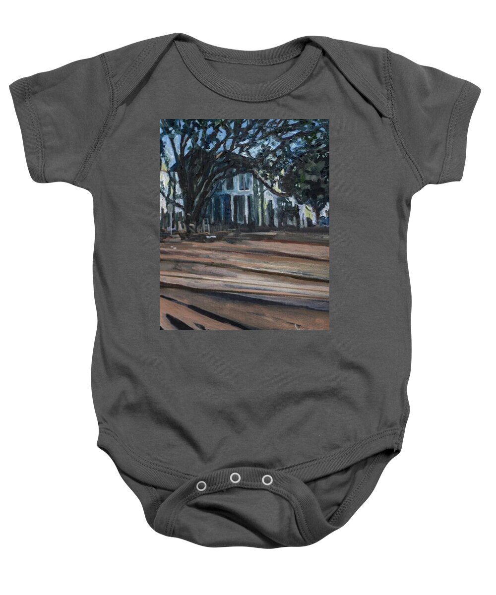 City Scape Baby Onesie featuring the painting House on the line by Julie TuckerDemps