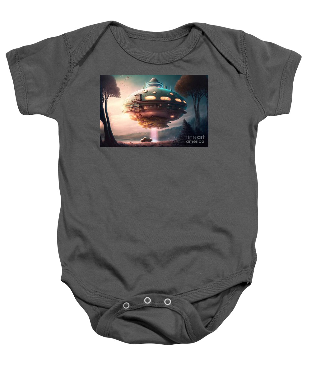 Hovering Ufo Baby Onesie featuring the mixed media Hovering UFO XII by Jay Schankman