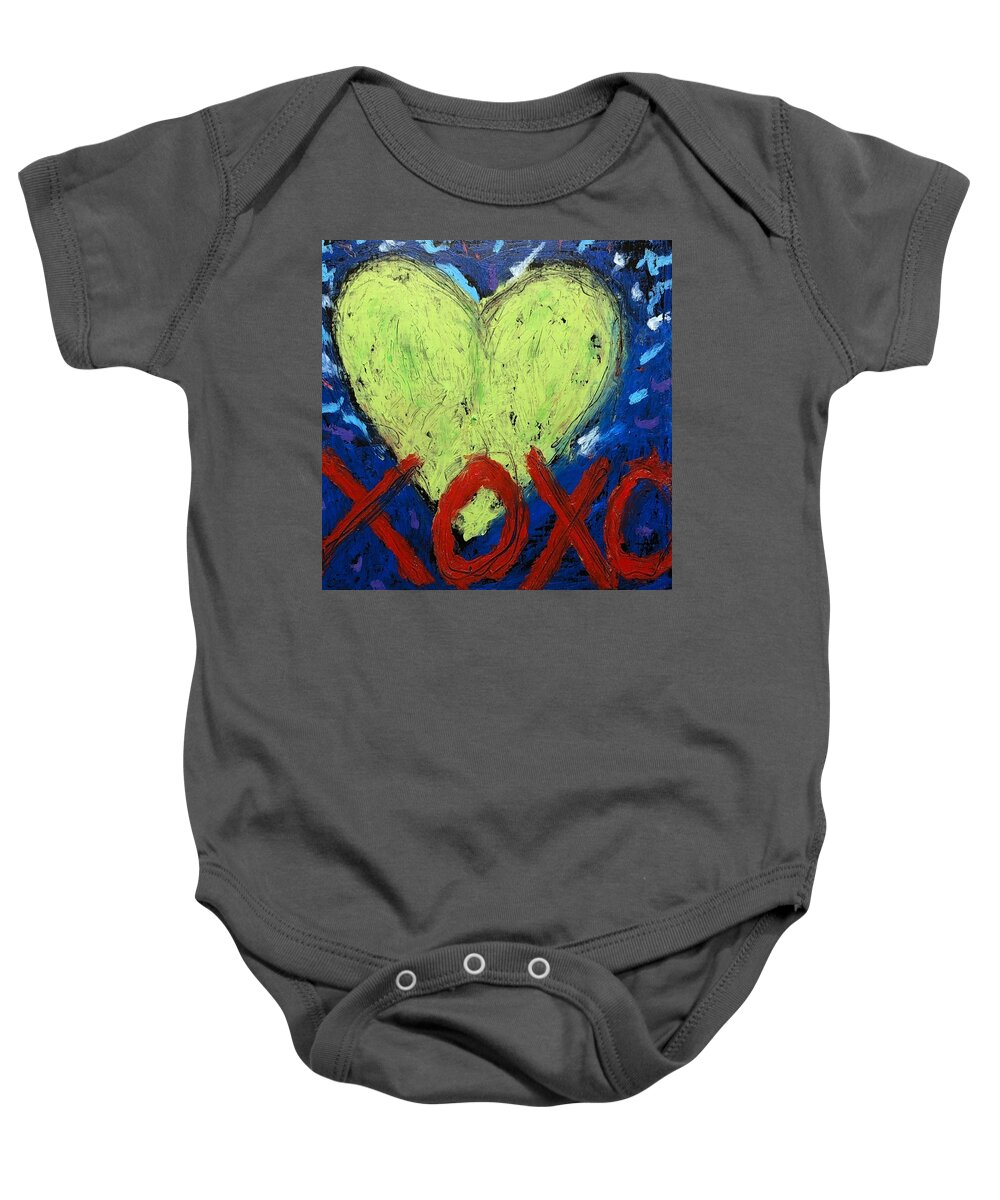 Xoxo Baby Onesie featuring the mixed media Hugs and Kisses with Green Heart by Lynda Zahn