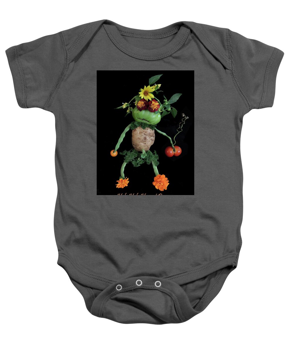 Vegetables Baby Onesie featuring the photograph Hula Hula Harvest Frog Vegetable Art by Nancy Griswold