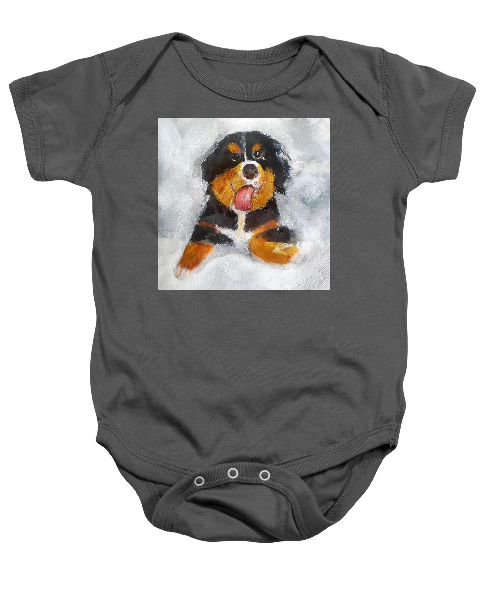 Cutest Baby Onesie featuring the painting I am a cute Bernese Mountain  puppy painting by Lisa Kaiser