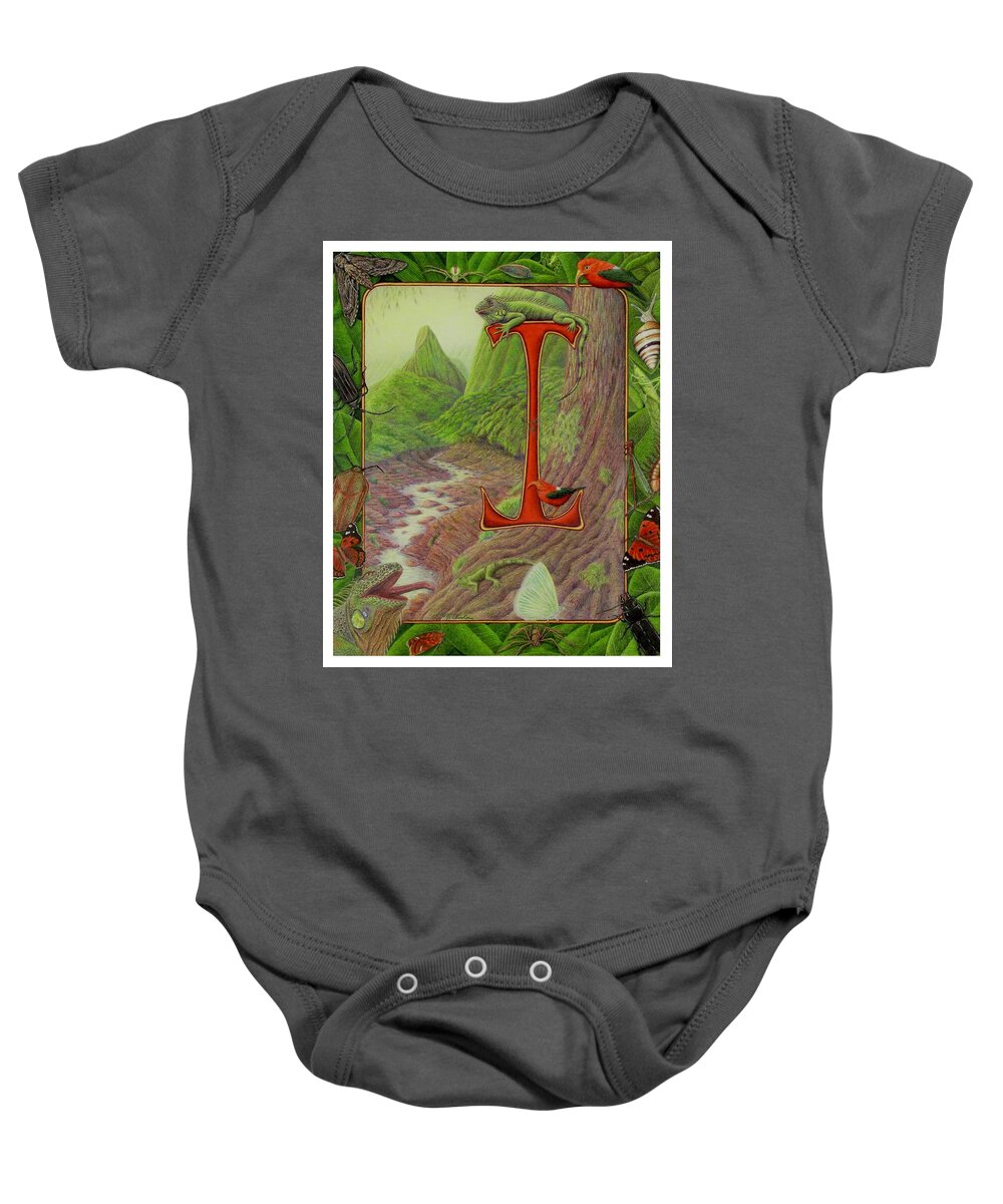 Kim Mcclinton Baby Onesie featuring the drawing I is for Iguana by Kim McClinton