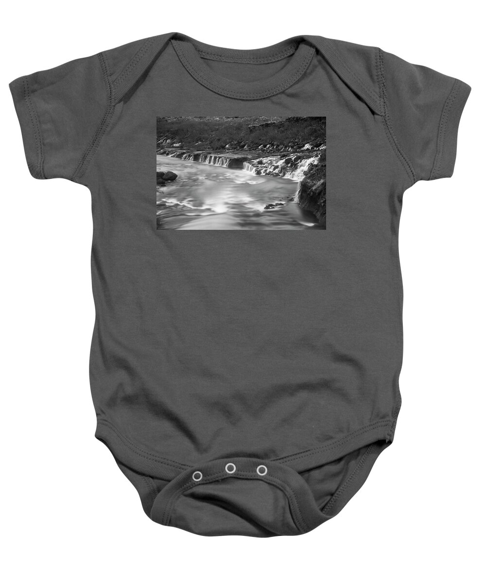 Iceland Baby Onesie featuring the photograph Iceland Hraunfosser Waterfall Reykholt Smooth River Black and White by Toby McGuire