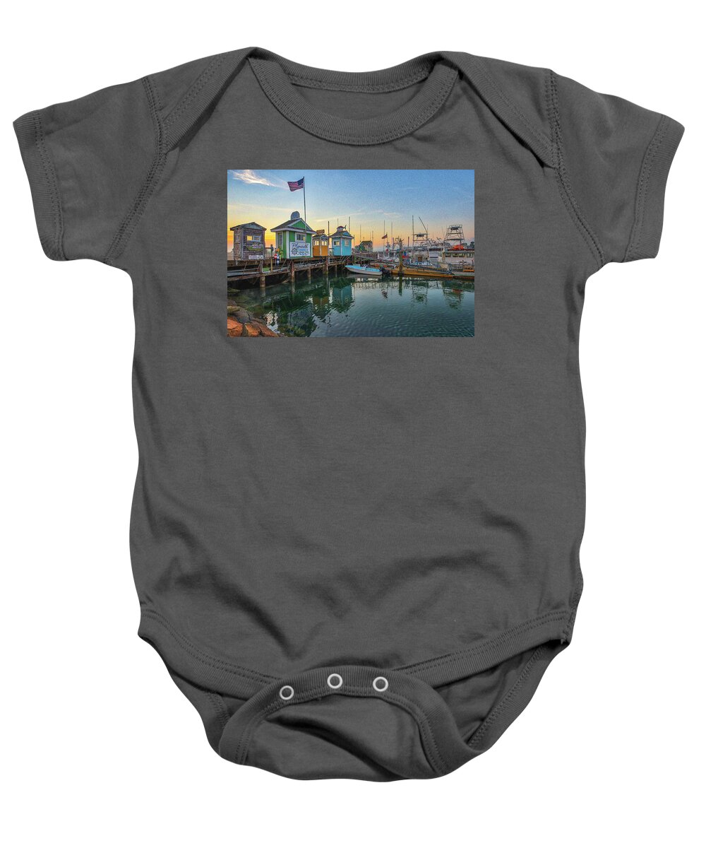 Plymouth Harbor Baby Onesie featuring the photograph Iconic Plymouth Harbor Whale Watching Deep Sea Fishing Harbor Cruises Tickets Booths by Juergen Roth