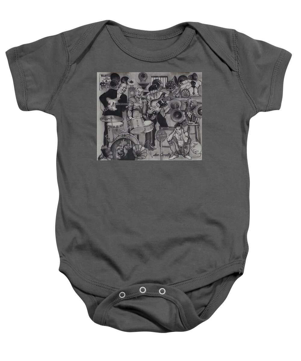 Charcoal Pencil Baby Onesie featuring the drawing Iggy And The Stooges by Sean Connolly