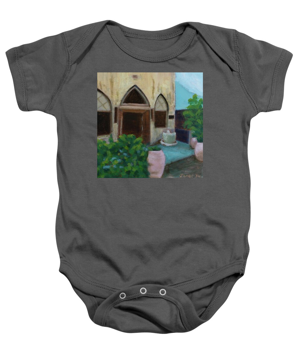 Pot Baby Onesie featuring the painting In front of Cafe by Janet Yu