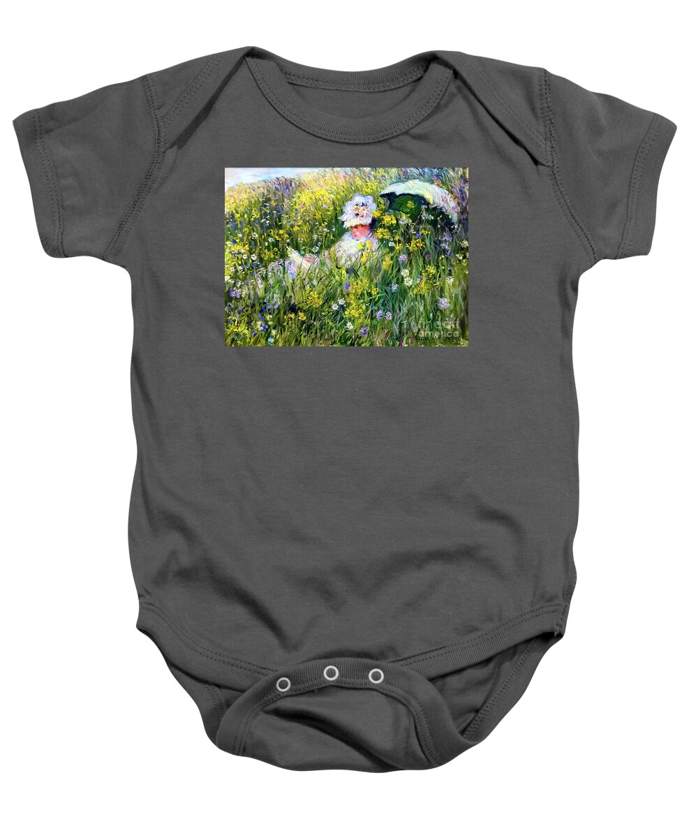 Meadow Baby Onesie featuring the painting In the Meadow by Claude Monet 1876 by Claude Monet