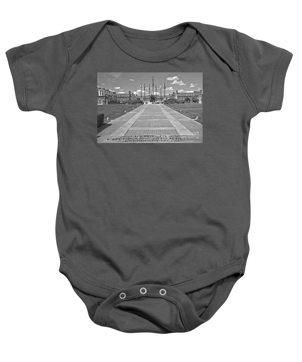 Carmel Baby Onesie featuring the photograph Indiana Carmel Clay Veterans Memorial Plaza Black And White by Adam Jewell
