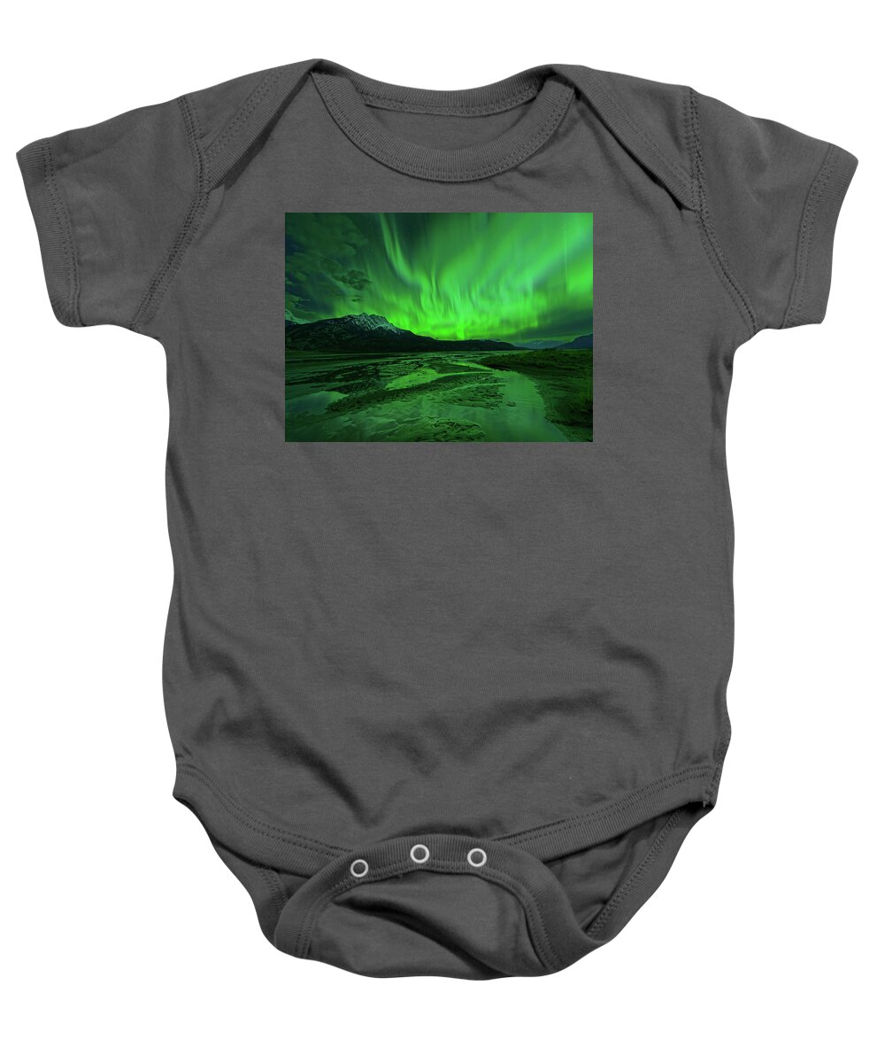 Landscape Baby Onesie featuring the photograph Jasper Lake at Night with Aurora by Dan Jurak