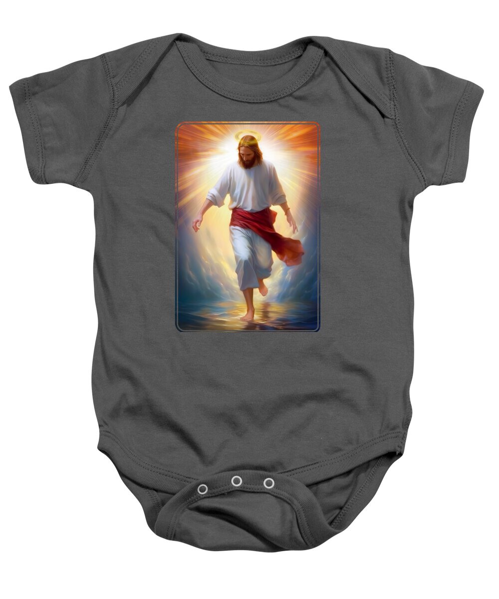 Christ Walking On The Water Baby Onesie featuring the digital art Jesus Christ Walking on the Water by Mark Ashkenazi