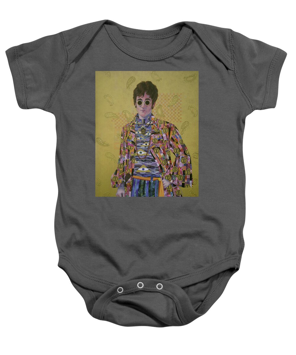 John Lennon Baby Onesie featuring the painting John Lennon and the Amazing Technicolor Klimt Coat by Marguerite Chadwick-Juner