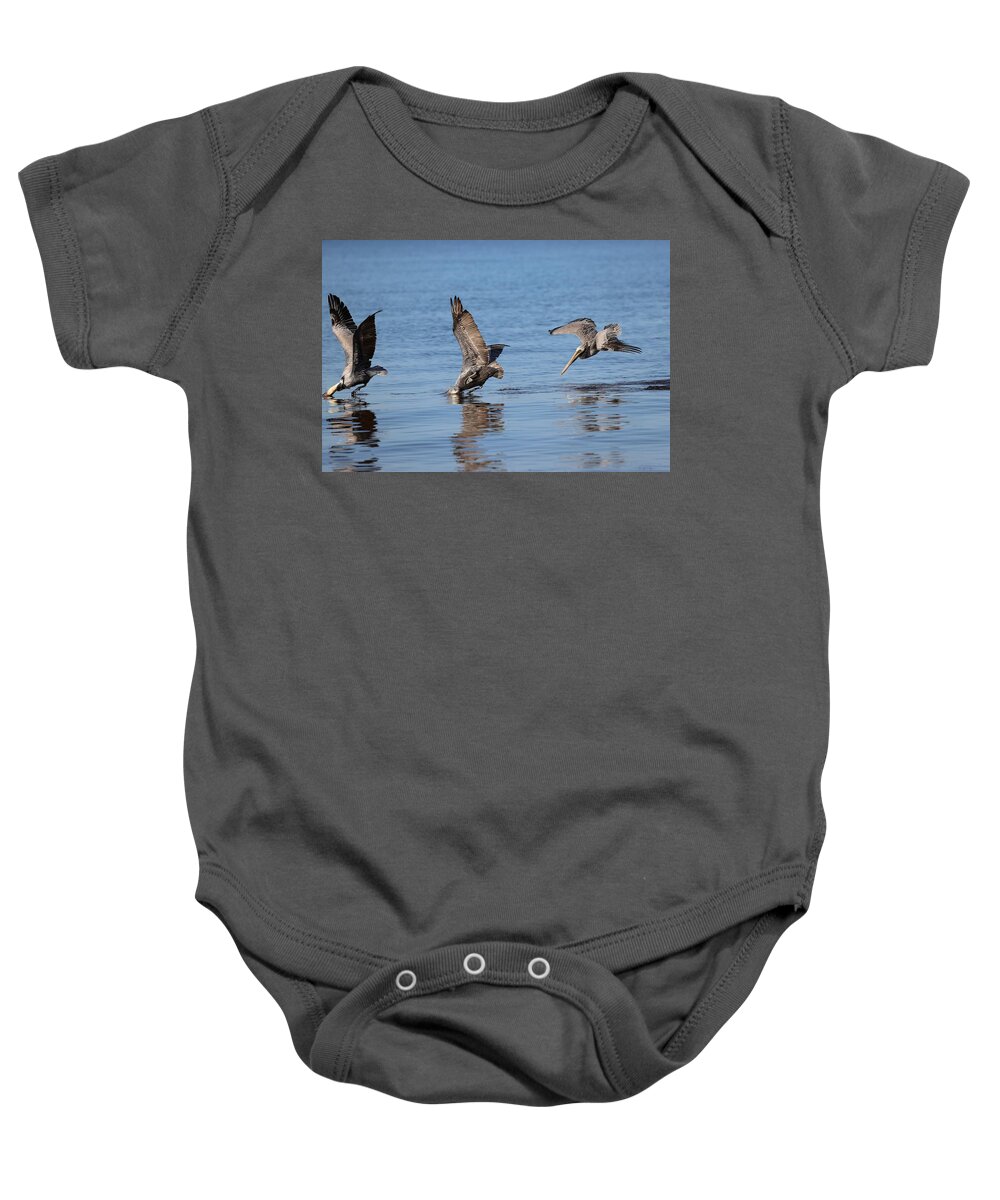 Pelican Baby Onesie featuring the photograph Jumping contest by Mingming Jiang