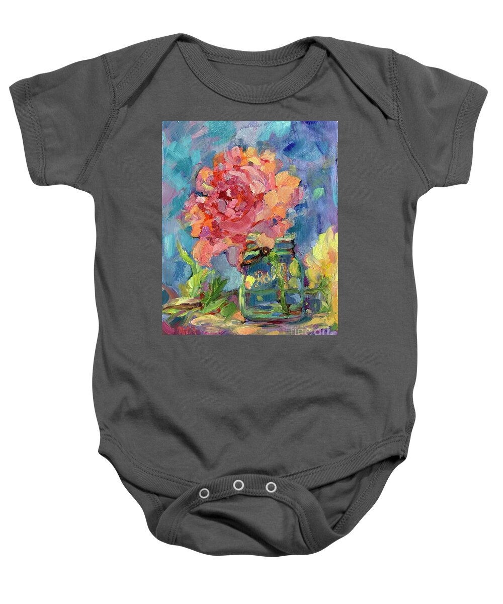 Peony Peonies Jar Vase Bouquet Fresh Flowers Baby Onesie featuring the painting Just for You by Patsy Walton