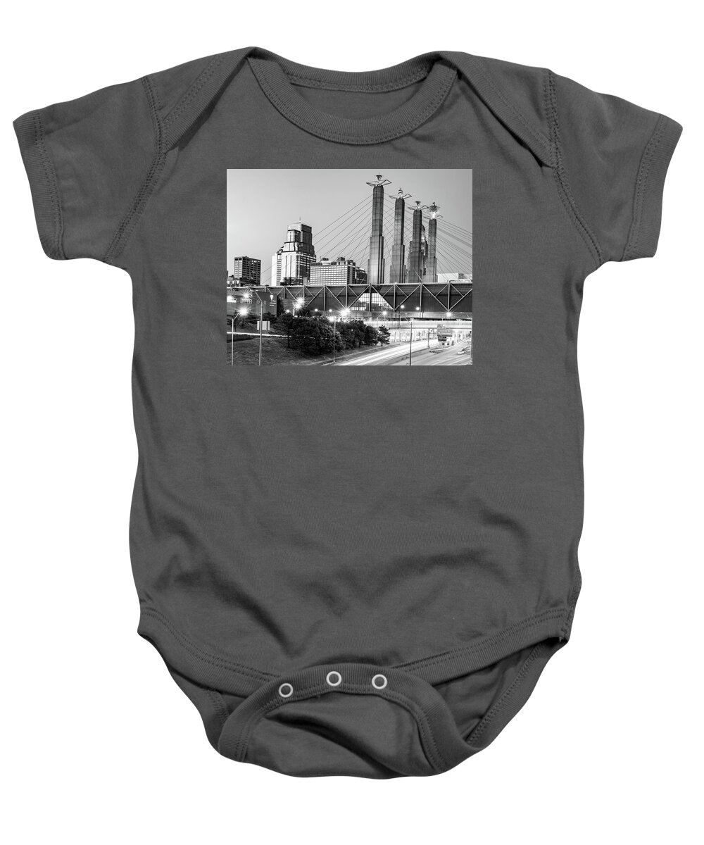 Kansas City Baby Onesie featuring the photograph Kansas City Sky Stations And Skyline At Dusk - Black And White Edition by Gregory Ballos