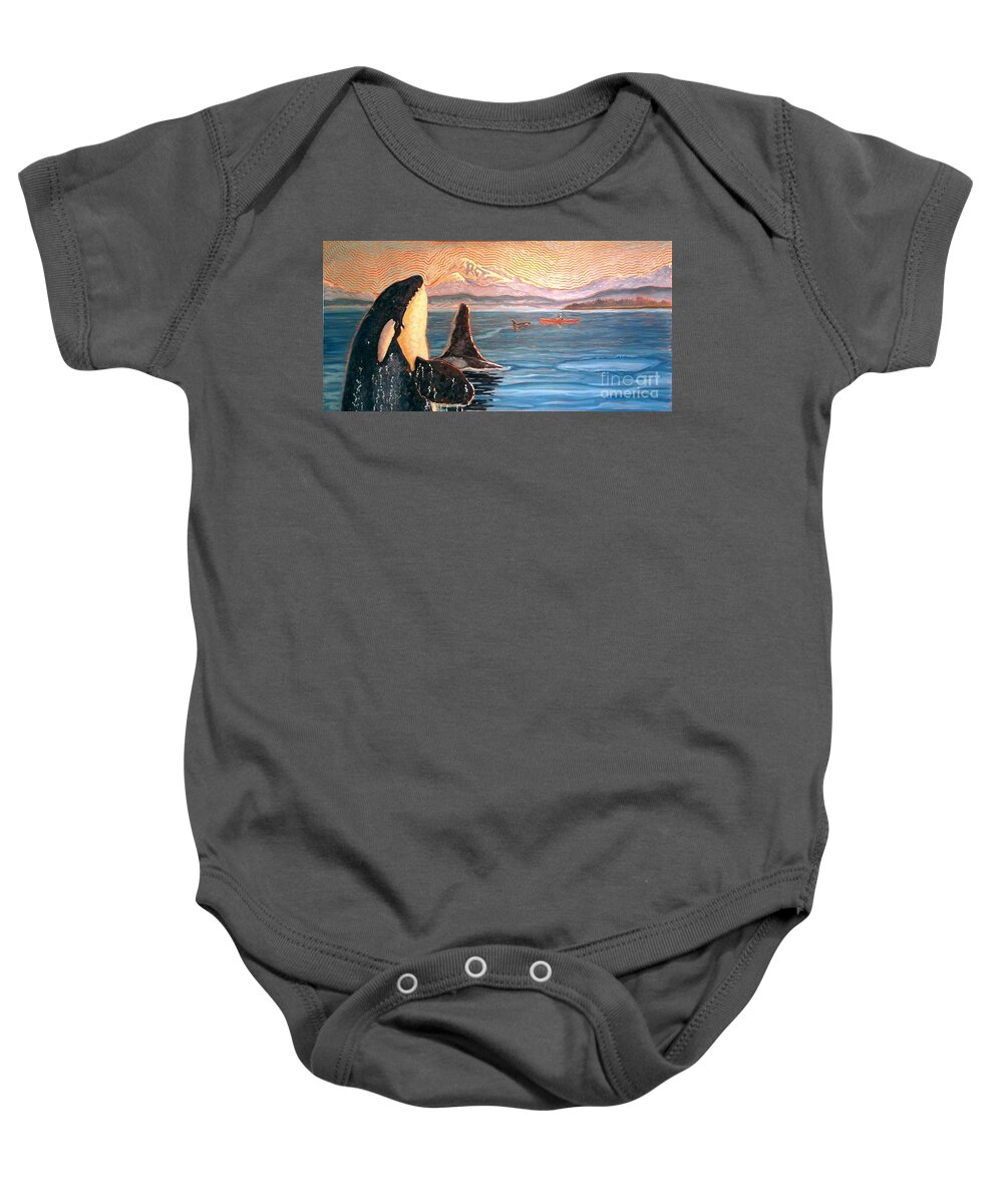Orcas Baby Onesie featuring the painting Kayak the Salish Sea by Janet McDonald