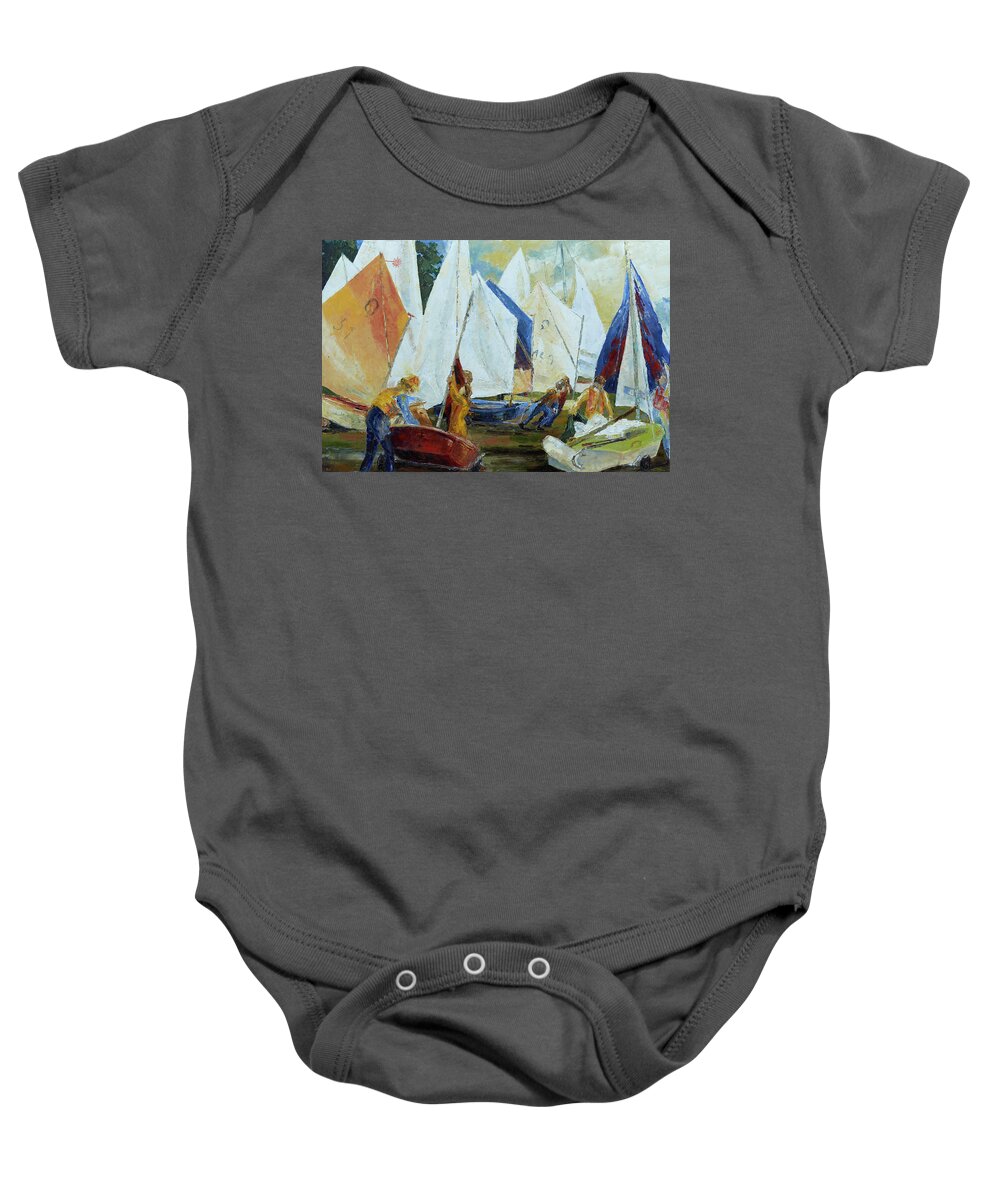 Optimist Baby Onesie featuring the painting Kids Rigging Their Boats For Sail Training by Barbara Pommerenke