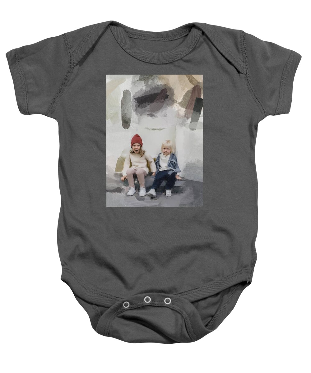 Kids Baby Onesie featuring the painting Kids Watching Passers-by by Gary Arnold