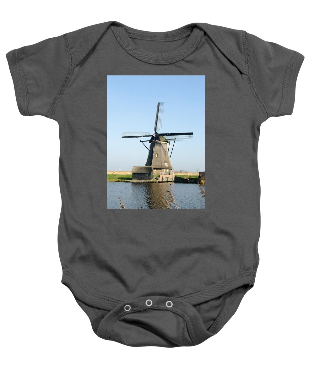 Windmill Baby Onesie featuring the photograph Kinderdijk Windmill by Jan Luit