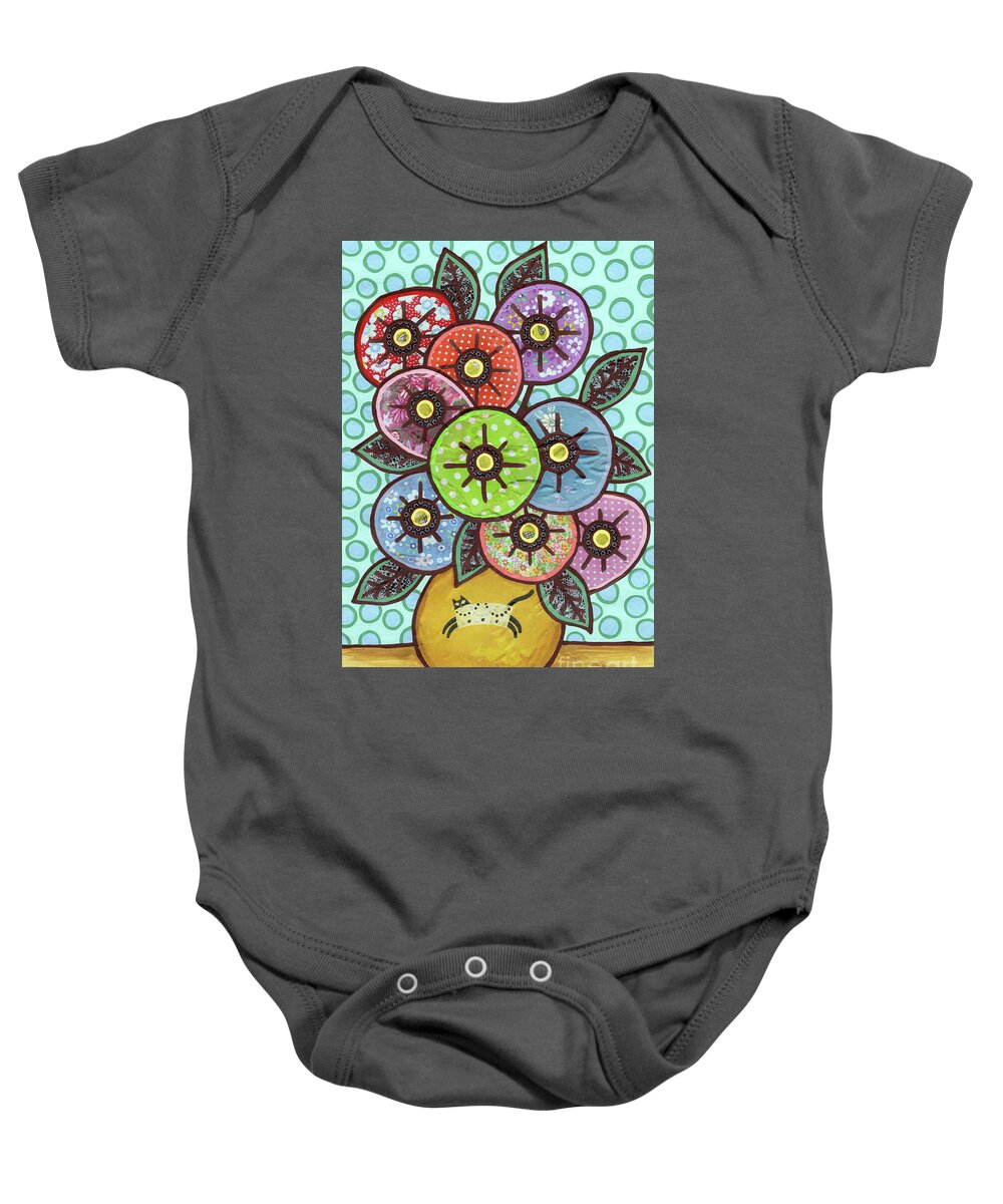 Flowers In A Vase Baby Onesie featuring the painting Kitty Cat Bouquet by Amy E Fraser