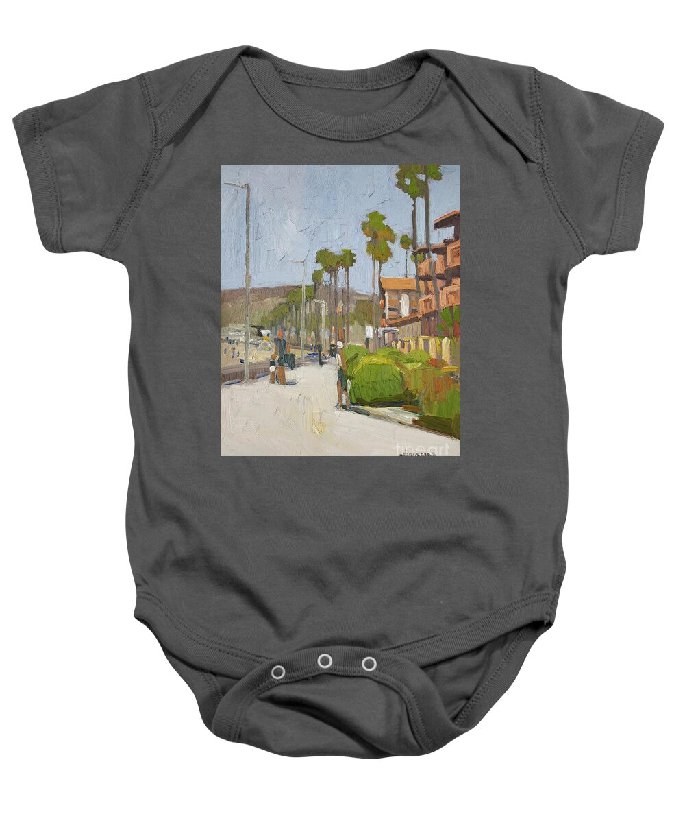 La Jolla Baby Onesie featuring the painting La Jolla Shores Hotel and Boardwalk - San Diego, California by Paul Strahm