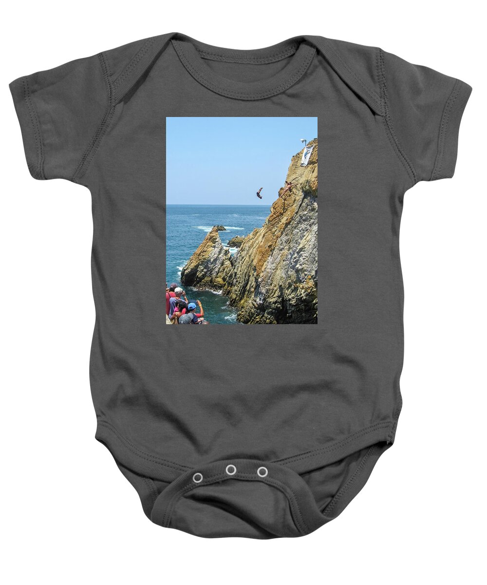 Acapulco Baby Onesie featuring the photograph La Quebrada Cliff Divers 4 by Tatiana Travelways