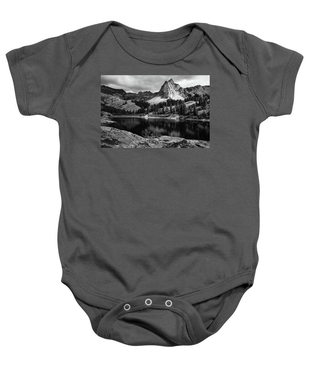 Utah Baby Onesie featuring the photograph Lake Blanche and the Sundial Black and White - Big Cottonwood Canyon, Utah by Brett Pelletier