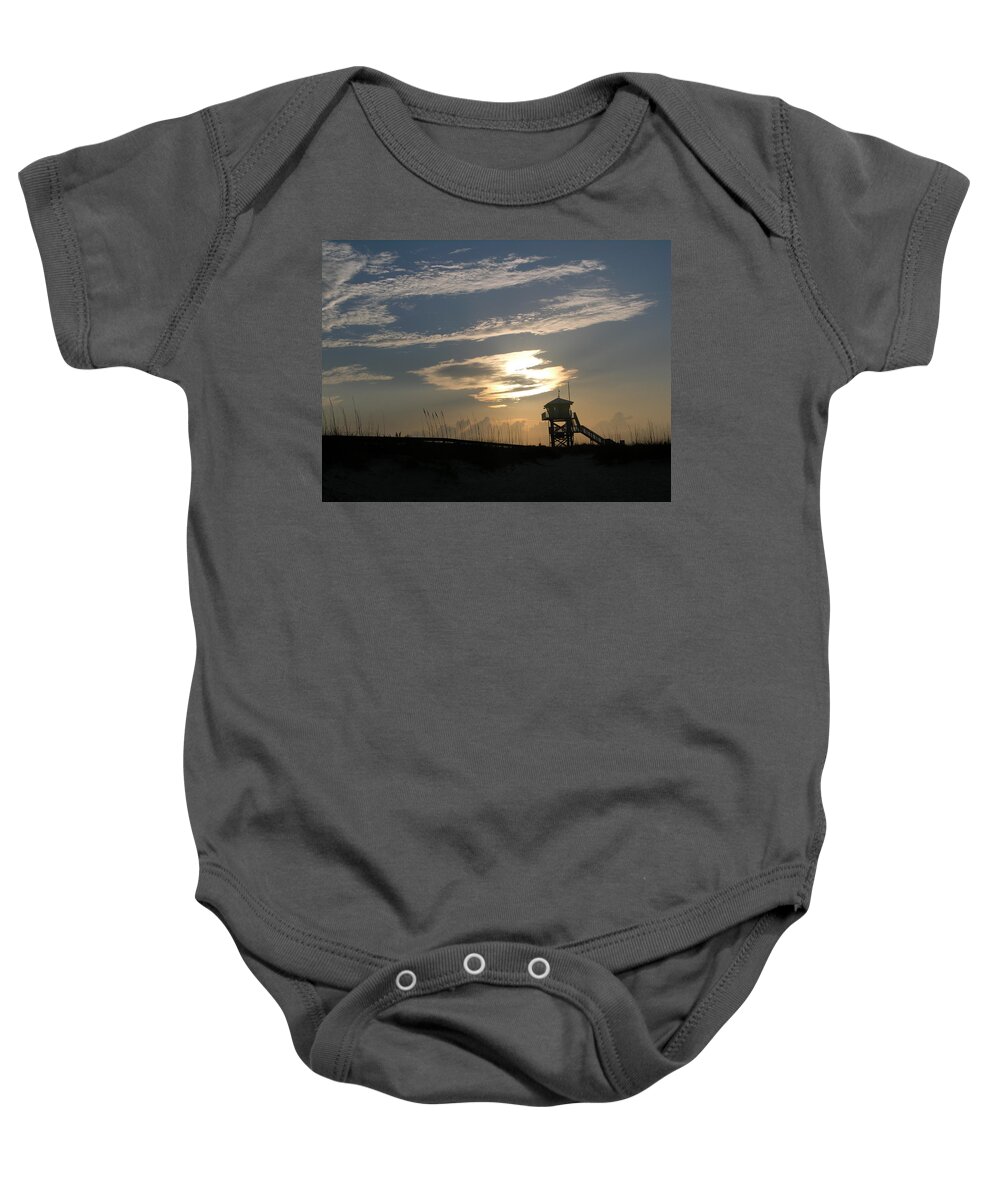 Photography Of The Beach Baby Onesie featuring the photograph Lifeguard tower at dawn by Julianne Felton