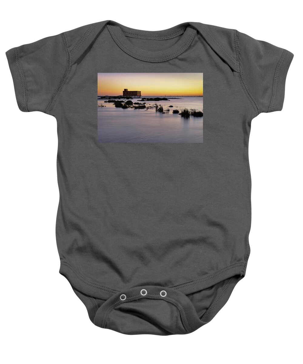 Algarve Baby Onesie featuring the photograph Lifesavers building at dusk in Fuzeta. Portugal by Angelo DeVal