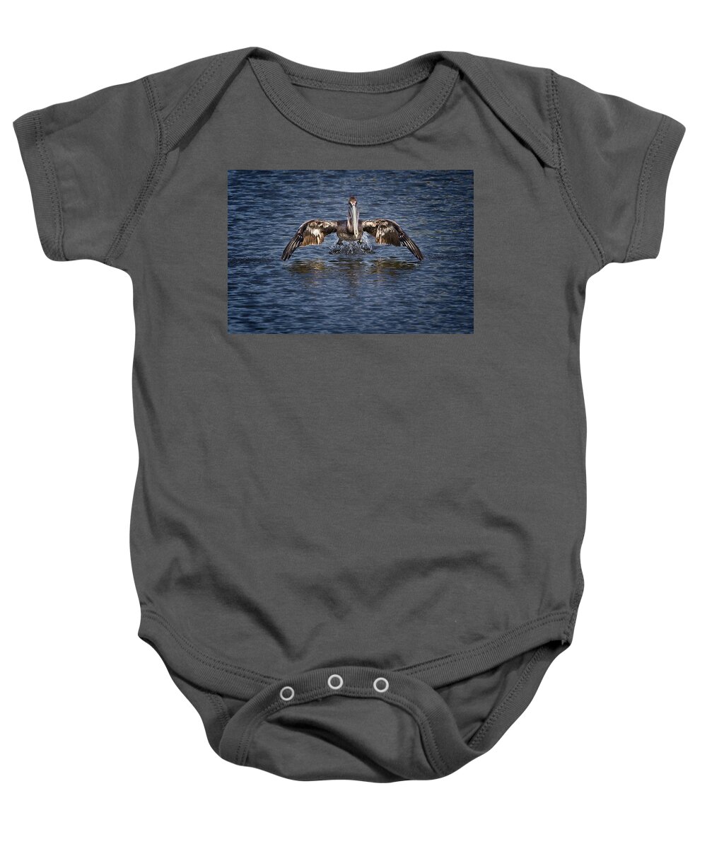 Brown Pelican Baby Onesie featuring the photograph Liftoff by Ronald Lutz