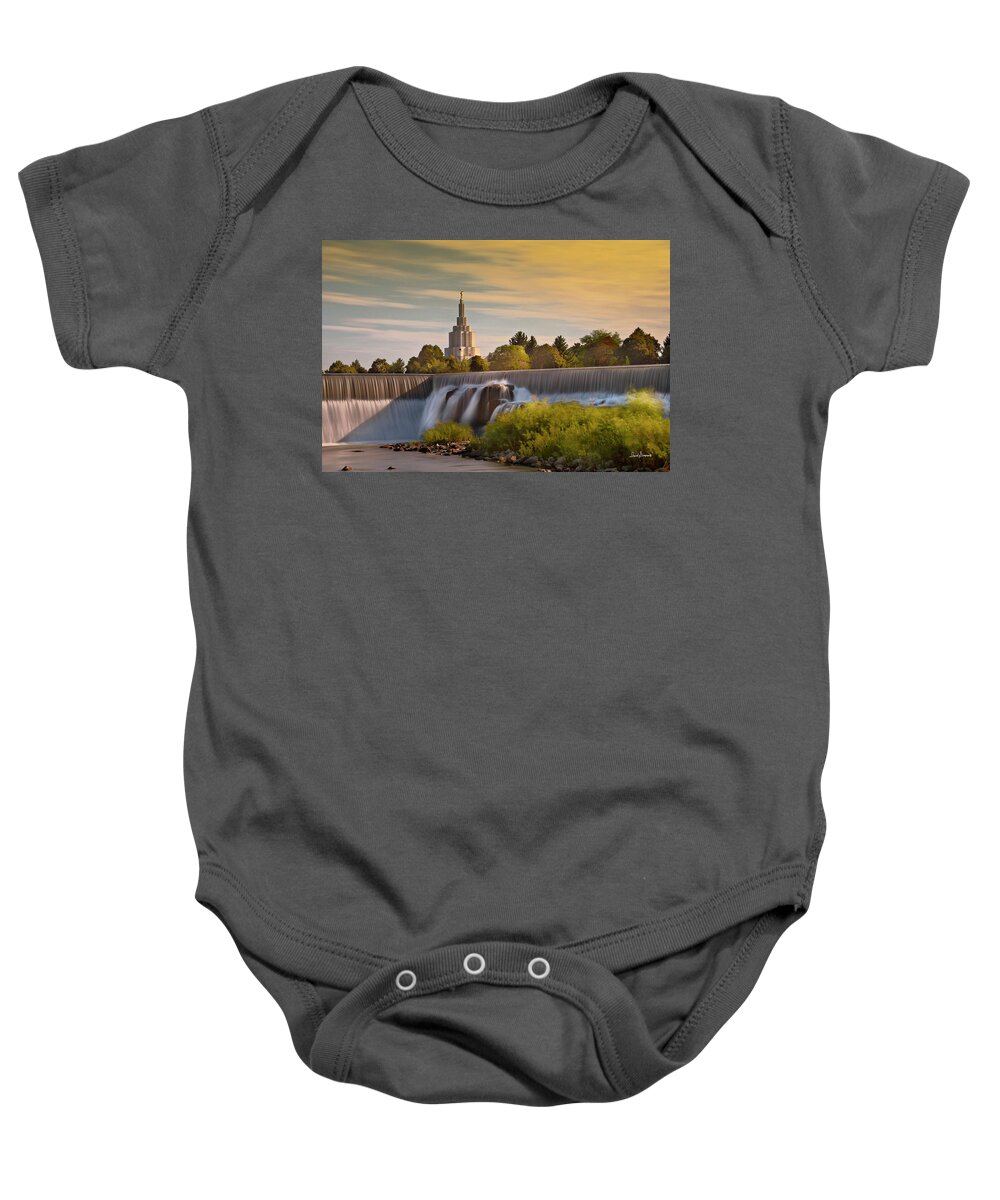 Idaho Falls Temple Baby Onesie featuring the photograph Light of Dawn by David Simpson