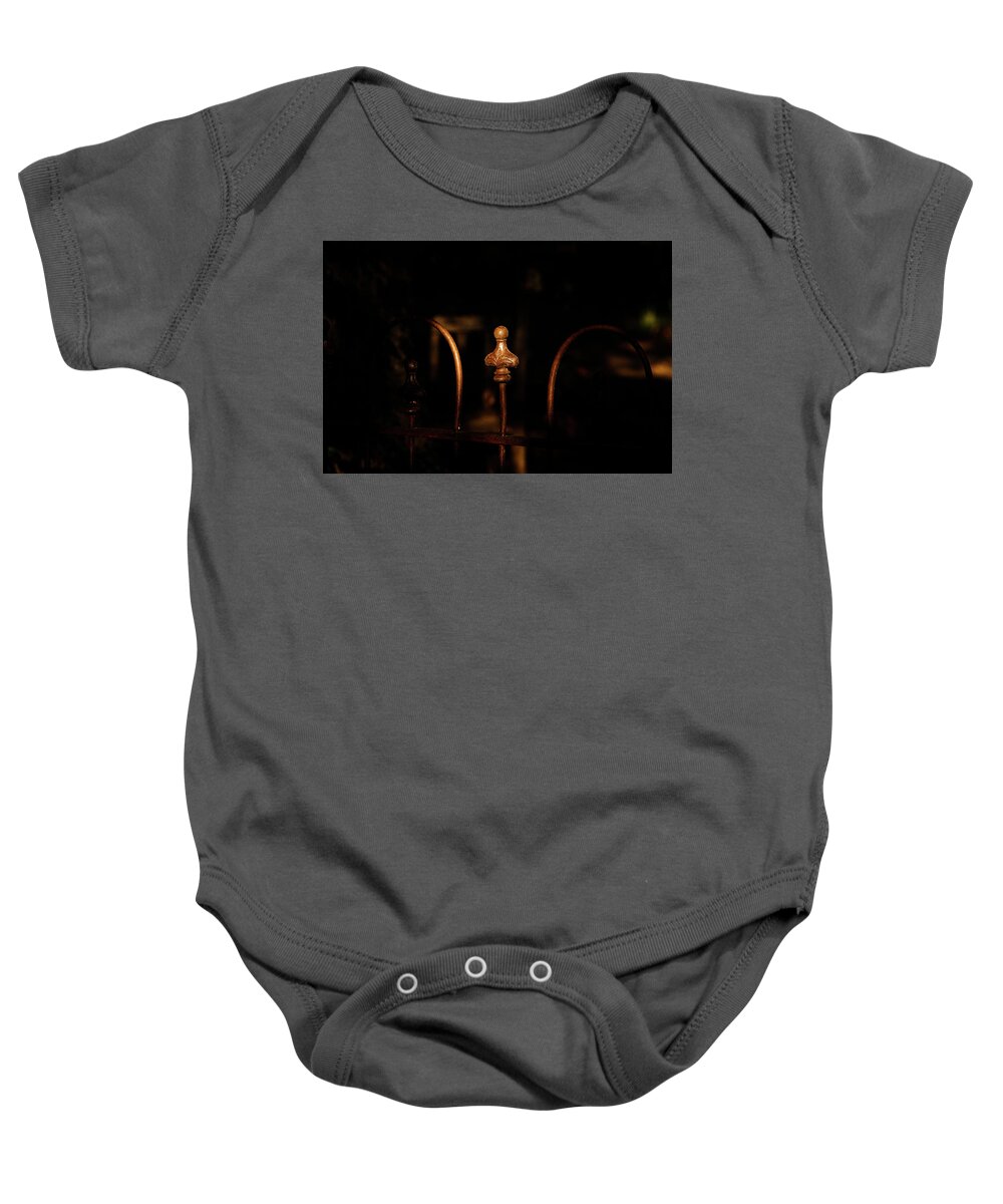 Jay Stockhaus Baby Onesie featuring the photograph Light on the Fence by Jay Stockhaus