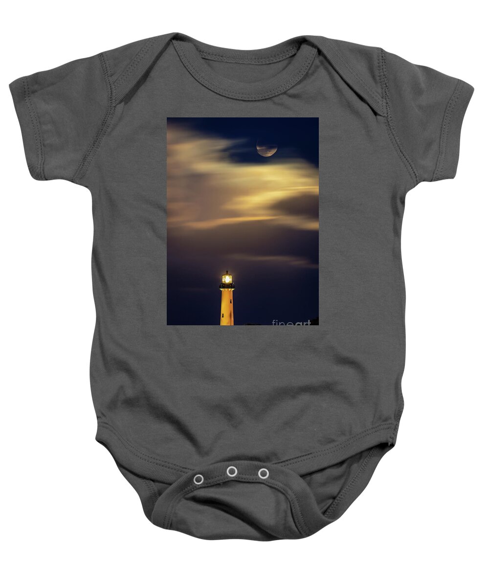 Lighthouse Baby Onesie featuring the photograph Lighthouse and Wolf Moon by Tom Claud